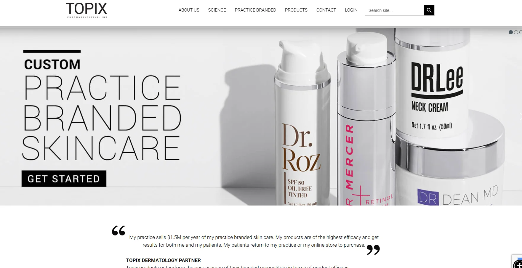 Custom practice-branded skincare products from Topix Pharmaceuticals featuring personalized labels for Dr. Roz, Dr. Mercer, Dr. Lee, and Dr. Dean.